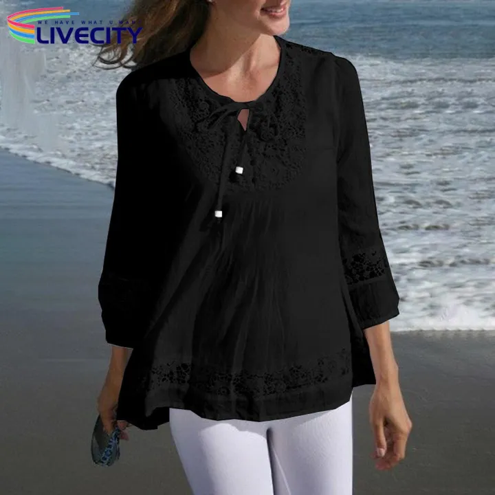 Women%20T-shirt%20Lace-Up%20Plus%20Size%20Casual%20Lady%20Spring%20Blouse%20-%20Image%203