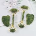 2Pcs/set Green Natural Stone Jade Massage Spa Roller + Gua Sha Board Scrapers Plate for Face Body Anti-aging Facial Massage Jade Roller Set Skin Care Tools.