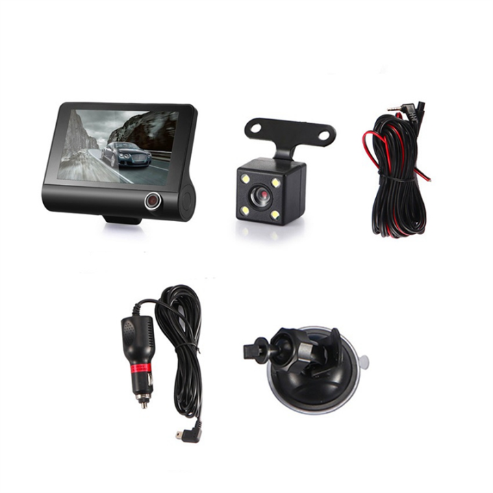 Car DVR Dashcam HD Screen 1080P 3 Lens Video Recorder Front + Interior+Rear View Camera Dash Cam 4 Inch Dash Camera Black