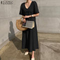 ZANZEA Korean Style Women Fashion Round Neck A-Line Dresses Holiday Party Club Solid Dress #10. 