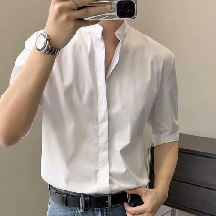 Slim%20Fit%20Stand%20Collar%20Shirt%20Men%20Solid%20Color%20Shirt%20Stylish%20Stand%20Collar%20Men's%20Shirt%20for%20Business%20Commute%20Office%20Slim%20Fit%20Half%20-%20Image%203
