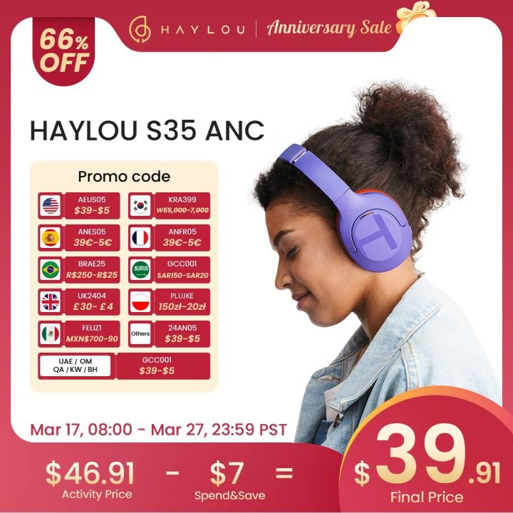 HAYLOU S35 ANC Wireless Bluetooth Headphones 42dB ANC ENC Over-ear Headphone Noise Cancellation 60H Playtime Earphones Men Women