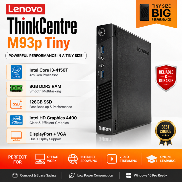 Lenovo ThinkCentre M93p Tiny Core i3 4th Gen Mini PC | 8GB RAM | 128GB SSD ( Refurbished )