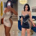 Mesh Rhinestone Short Prom Corset Dresses V Neck See Through Night Club Outfits Party Evening Bodycon Diamond Mini Dress. 