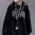 American-StyleoversizeThin Velvet Padded Hooded Sweatshirt Women's Autumn Black Loose Fried Street Coat Trendy High Street Top. 