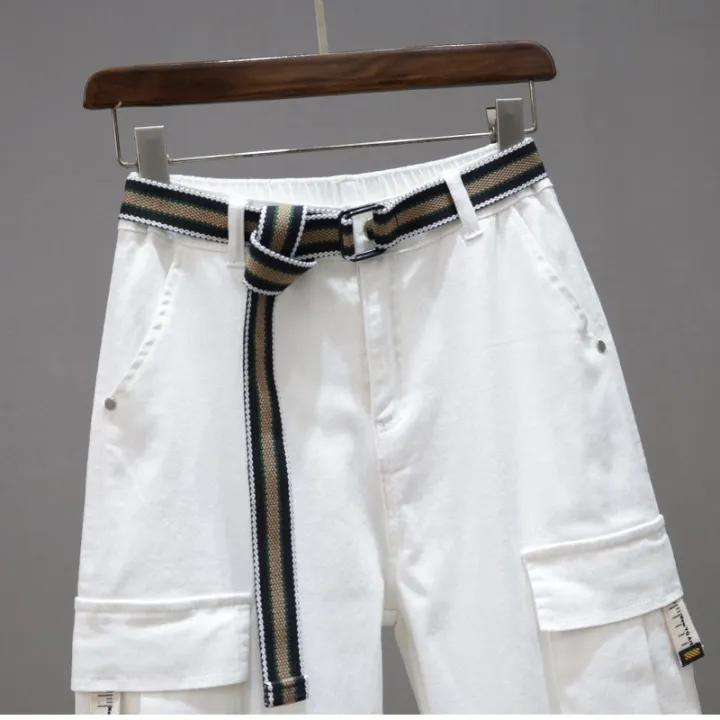 Spring%20White%20Multi-Pocket%20Cargo%20Pants%20Women2023Half%20Elastic%20Waist%20Loose%20Slimming%20Jeans%20All-Matching%20Harem%20Pants%20Women%20-%20Image%204