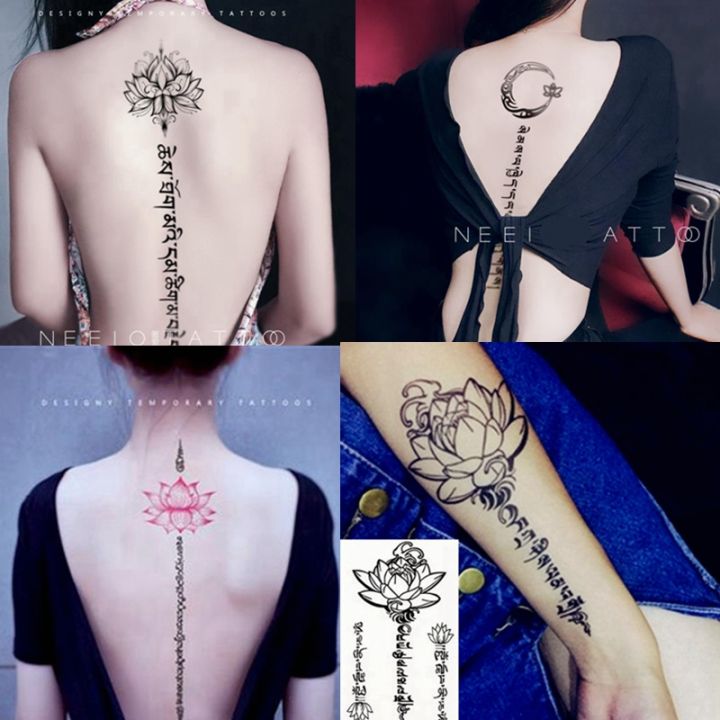 Black Lotus Totem Tattoo Stickers Waterproof Lasting Temporary Tattoo Sanskrit Art Fake Tattoo Back Arm y Tattoos for Women