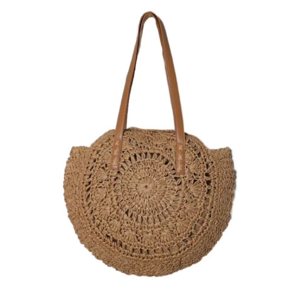 Round Straw Beach Bag Women 2023 Vintage Large Woven Shoulder Bag