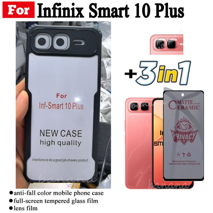 3 in 1 Infinix Smart 10 Plus Shockproof Phone Case for Infinix Smart 10 X6725 Anti Spy Soft Ceramic Matte Privacy Tempered Glass