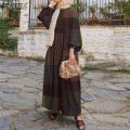 ZANZEA Muslimah Women Muslim Kaftan Plaid Check Puff Sleeve Crew Neck Casual Long Shirt Dress.