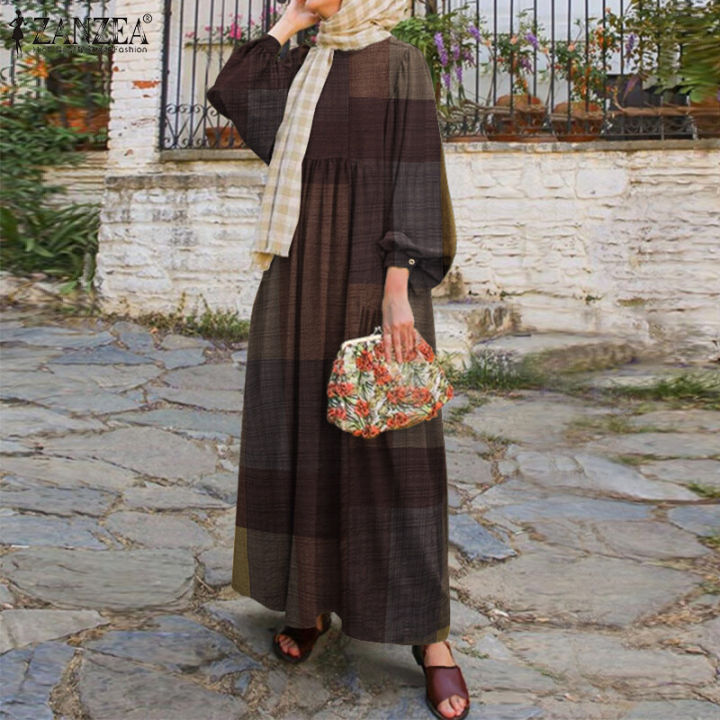 ZANZEA%20Muslimah%20Women%20Muslim%20Kaftan%20Plaid%20Check%20Puff%20Sleeve%20Crew%20Neck%20Casual%20Long%20Shirt%20Dress%20-%20Image%203