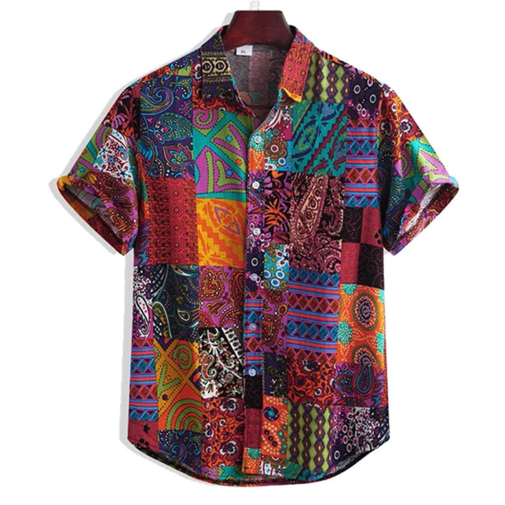 shirt men Men's Colorful Summer Short Sleeve Loose Buttons Hawaiian Casual Shirt Blouse