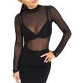 Women Sexy Long Sleeve Mesh See-through Top Fashion Solid Color Tops for Party Club.