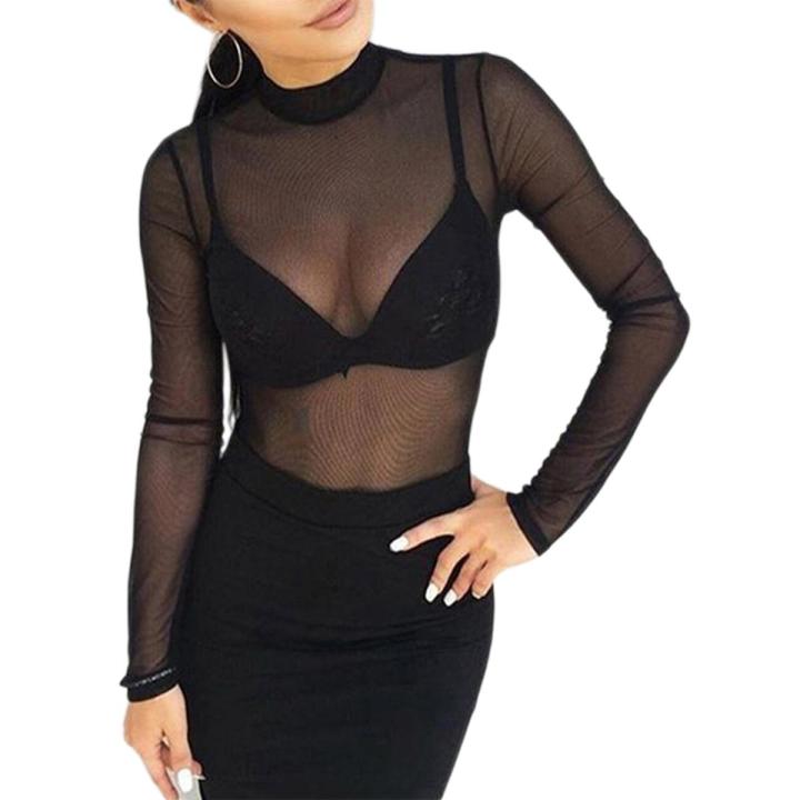 Women Sexy Long Sleeve Mesh See-through Top Fashion Solid Color Tops for Party Club