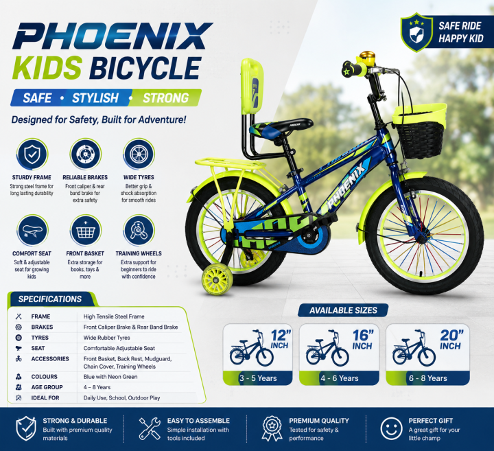 Phoenix 20" Bicycle For Boys 7-12 years With Direct Wielding Back Sits and Lighting Support Wheels  Cash On Delivery Available