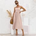 Women Spaghetti Strap Sleeveless Backless Solid Slim Madi Dress Summer New Casual Sling Big Swing Button Dresses Robe Femme. 