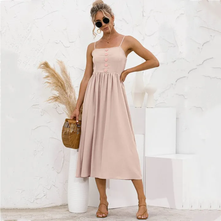 Women%20Spaghetti%20Strap%20Sleeveless%20Backless%20Solid%20Slim%20Madi%20Dress%20Summer%20New%20Casual%20Sling%20Big%20Swing%20Button%20Dresses%20Robe%20Femme%20-%20Image%203