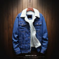 Plush Long-sleeved Jeans Jacket Men's Winter Denim Cotton Jacket Lamb Wool Korean Fashion Style Thick Outware Coat For Young Men. 