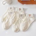 5 Pairs Cartoon Bear Women Socks Summer Korean Girls Cute Short Socks White Jacquard Cotton Ankle Socks. 