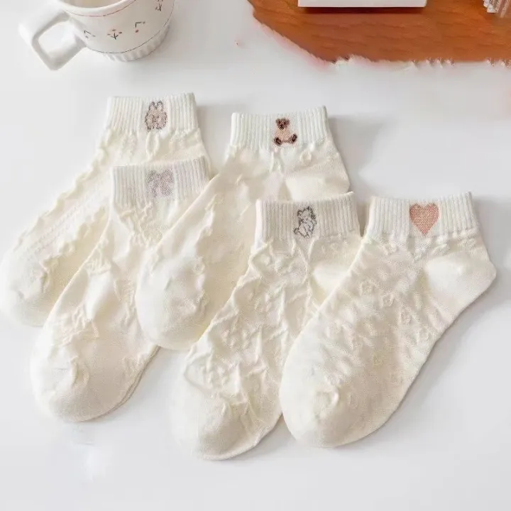 5%20Pairs%20Cartoon%20Bear%20Women%20Socks%20Summer%20Korean%20Girls%20Cute%20Short%20Socks%20White%20Jacquard%20Cotton%20Ankle%20Socks%20-%20Image%202