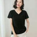 【100%Cotton Slub Cotton】Summer New Short SleeveTT-shirt Women's Korean-Style Large Size Loose All-MatchingV-Neck Top.