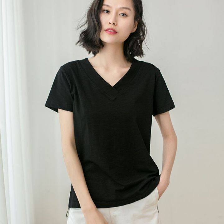 %E3%80%90100%25Cotton%20Slub%20Cotton%E3%80%91Summer%20New%20Short%20SleeveTT-shirt%20Women's%20Korean-Style%20Large%20Size%20Loose%20All-MatchingV-Neck%20Top%20-%20Image%205
