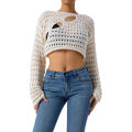 Jumperjuser-Women's Hollow Out Crop Tops, Long Sleeve Round Neck Solid Color Loose Knitted T-Shirts. 