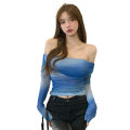 Women Crop T-shirts Ruffles Mesh Patchwork Long Sleeve Tops Korean Style Slim Blouse Top Lady Autumn Off Shoulder Tops. 