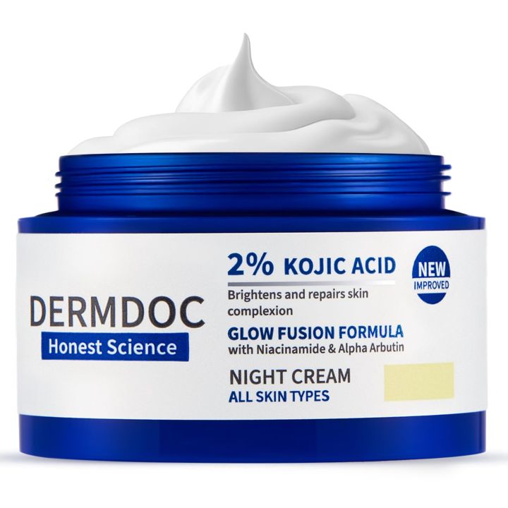 DERMDOC 2% Kojic Acid Night Cream (25g) | With Niacinamide & Alpha Arbutin | Face Moisturizer For Glowing & Brightening Skin | Reduces Dark Spots & Pigmentation | Minimizes Pores | Anti Aging