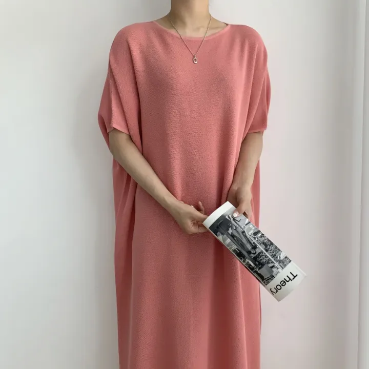 Women%20Summer%20Casual%20Oversized%20Straight%20Long%20Dress%20Batwing%20Sleeve%20Round%20Collar%20Pullover%20Solid%20Color%20Midi%20Dresses%20-%20Image%204