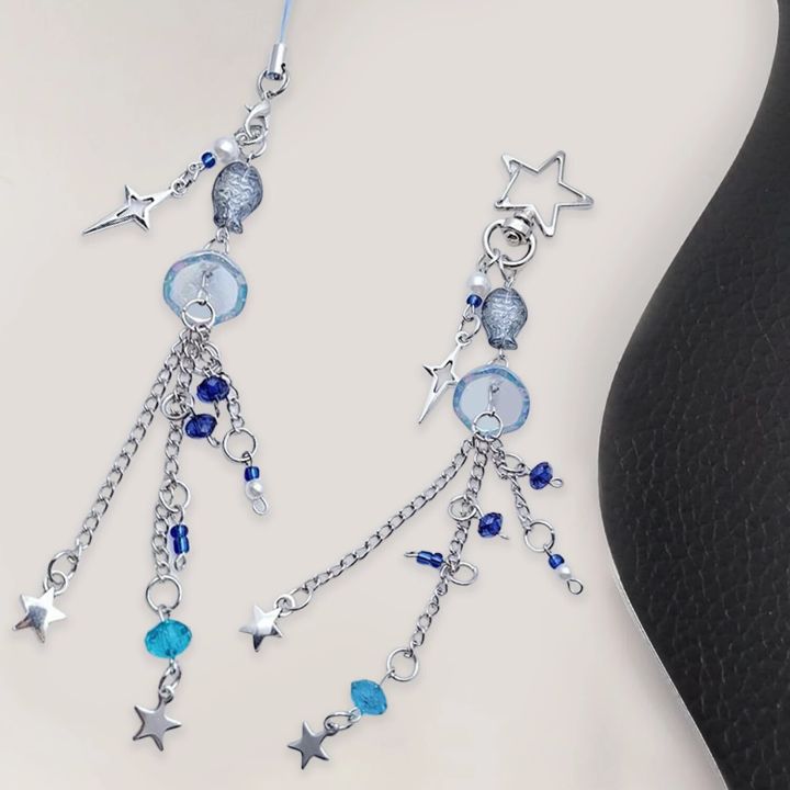 Blue Pink Jellyfish Keychain Jellyfish Phone Charm Star Phone Strap Y2K Beaded Long Tassel Keychain
