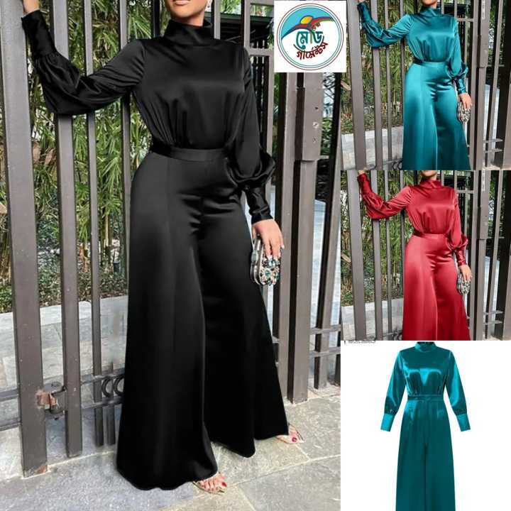 Women Satin Silk Jumpsuits Turtleneck High Waisted Playsuit Long Sleeve Long Romper Wide Leg Pant Overalls