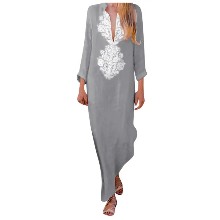 Women%E2%80%99s%20Printed%20Long%20Sleeve%20V-neck%20Dress%20Split%20Hem%20Baggy%20Kaftan%20Long%20Dress%20-%20Image%203