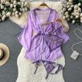 Embroidery Pendants Stripe Anime Cosplay Costume Cheongsam High Split Dress Chinese Hanfu Pajamas For womens 3 Piece Set.