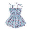 Children Girl Playsuit, Sleeveless Tie Up Sling Straps Floral Printed Elastic Waist One Piece Jumpsuit. 