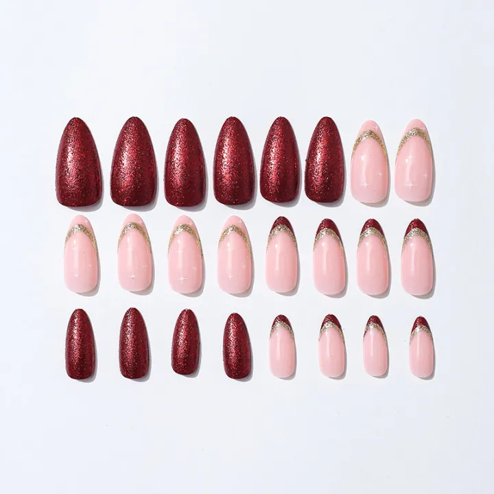 24pcs%20Glitter%20Red%20False%20Nails%20Gold%20Sequins%20Full%20Cover%20Almond%20Nails%20Manicure%20Set%20French%20Acrylic%20Nails%20Tips%20for%20Girl%20Women%20-%20Image%202
