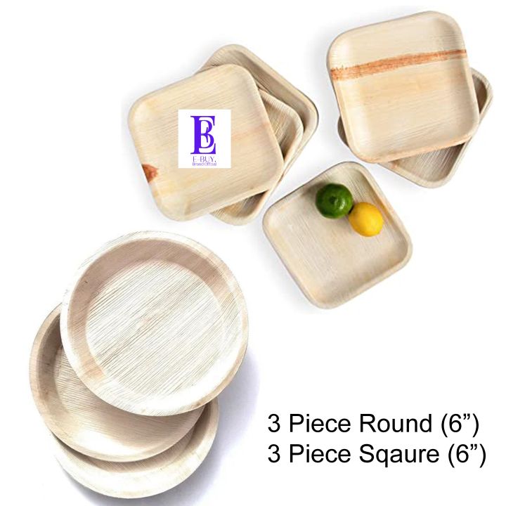 6'' Areca Leaf Plate- 6 pcs (3 Piece Sqaure+3 Piece Round) painting palate