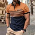 Business Men's Polo T Shirt Summer Short Sleeve Clothing Fashion Stripe Print Street Casual Buttons Tops Oversized Pullover. 