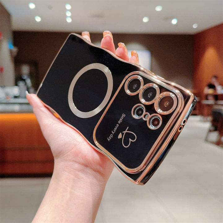 HOCE Luxury Wavy Pattern Cute Love Heart Magsafe Case For Samsung S24 S23 S22 Ultra Plus S23 FE Cases Plating Magnetic Shockproof Soft Phone Cover
