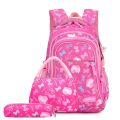 3Pcs Per Set Pink Bow Print Girl School Backpack Large Capacity Nylon Waterproof School Bags for Girl Lovely Girl Shoulder Bag-Pink 3310.