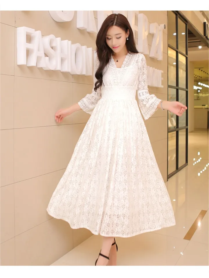 LIBERJOG Women Dress Lace V-neck Vintage White Elasticity Waist Flare  Sleeve Loose Beach Vestidos Woman Spring Autumn | Daraz.com.bd