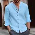 men's cotton linen shirt loose comfortable casual linen young men stand collar solid color shirt. 