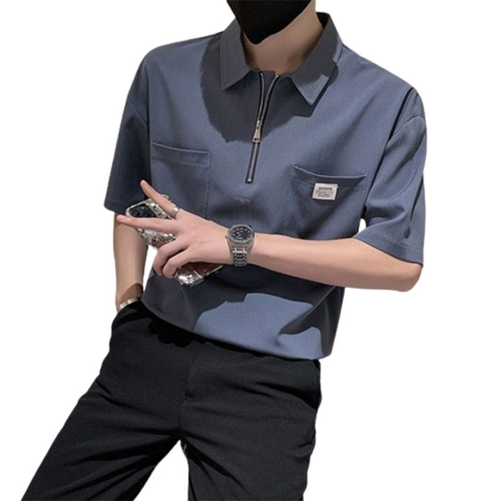 Elegant%20Fashion%20Harajuku%20Slim%20Fit%20Ropa%20Hombre%20Loose%20Casual%20All%20Match%20T-shirts%20Zipper%20Korean%20Version%20Short%20Sleeve%20Polo%20Shirts%20-%20Image%204