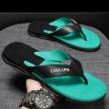 LOULUEN Men's Tri-Color Stripe Flip-Flops Sandal - Turquoise and Black.