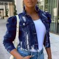 Autumn Women Coat Jackets Long Sleeve Pocket Ripped Denim Jacket Streetwear Short Coat Blue Black Jean Jacket.
