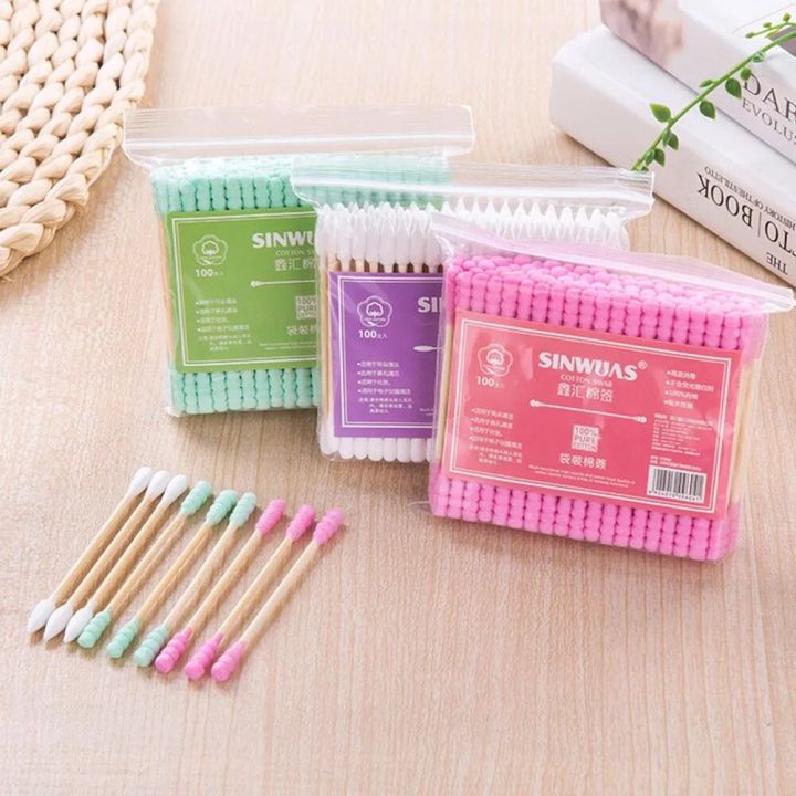 【All Of Me】100PCS Colors Makeup Remover Cotton Swabs Swab Applicator Q-tips Double Wooden Sticks Ear Clean Cute Disposable
