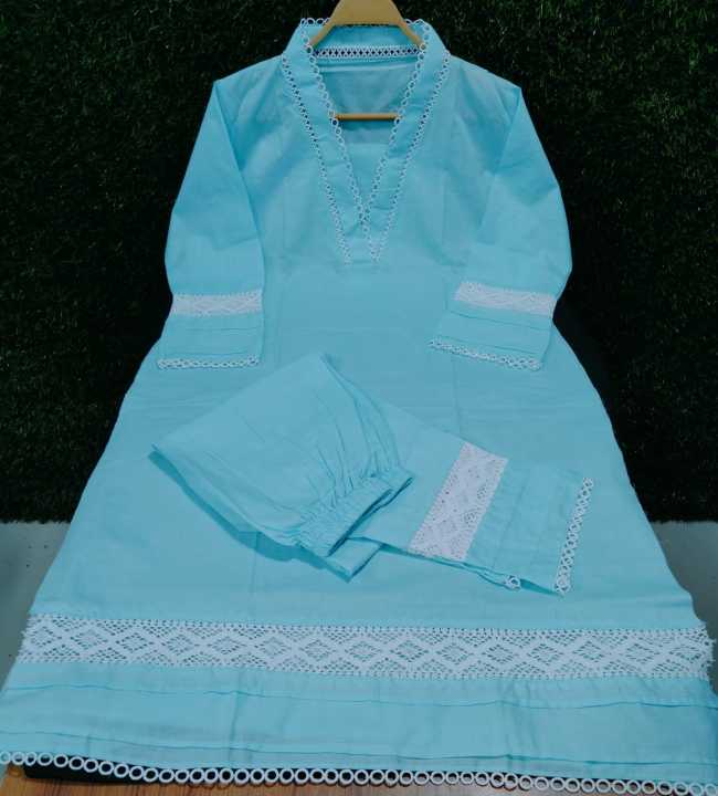 Stitched Glorious designed Cotton Fabric China Laich Work Kamiz & Sallower Stylist and Fashionable 2piece long For Woman