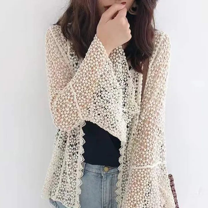 Women%20Flare%20Long%20Sleeve%20Shrug%20Cardigan%20Hollow%20Out%20Crochet%20Knitted%20Open%20Front%20Sheer%20Lace%20Cover%20Up%20Sweater%20Loose%20Outwear%20-%20Image%202