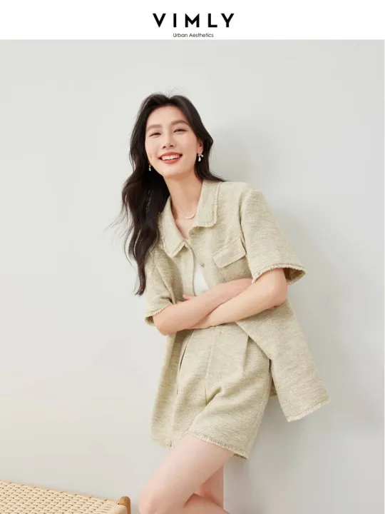 Vimly%20Light%20Green%202%20Piece%20Sets%20Womens%20Outfits%20Lapel%20Short%20Sleeves%20Jacket%20Short%20Pant%202024%20Spring%20New%20Casual%20Matching%20Sets%20M6089%20-%20Image%204
