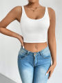 Solid Scoop Neck Cami Top, Casual Sleeveless Backless Crop Top, Women's Clothing. 